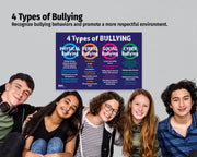 Group of young people with a poster titled '4 Types of Bullying' on a gray background.