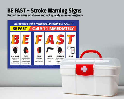 Stroke warning signs poster with 'BE FAST' acronym and a first aid kit on a gray background