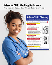 Healthcare professional beside Infant and Child Choking First Aid poster displaying emergency choking response instructions for babies and children.