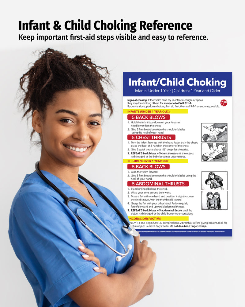 Healthcare professional beside Infant and Child Choking First Aid poster displaying emergency choking response instructions for babies and children.
