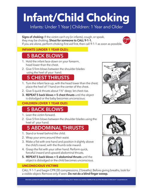Infant and Child Choking First Aid 12x18 laminated poster with illustrated back blows, chest thrusts and abdominal thrusts instructions.