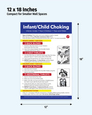 Infant and Child Choking First Aid laminated poster showing 12x18 inch dimensions for schools, daycare centers and first aid stations.