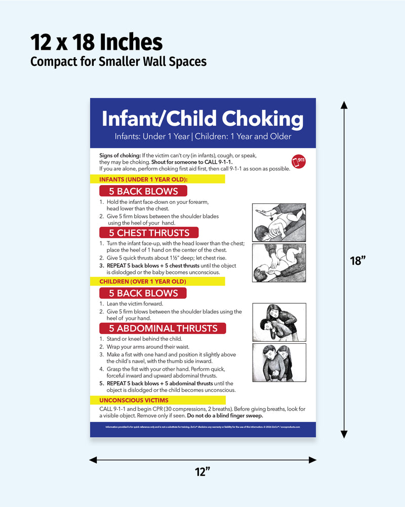 Infant and Child Choking First Aid laminated poster showing 12x18 inch dimensions for schools, daycare centers and first aid stations.