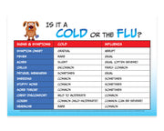 Chart comparing symptoms of a cold and the flu with a cartoon dog illustration.