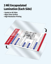 Infant and Child CPR poster showing durable 3 mil double-sided encapsulated lamination with sealed edges and a wipe-clean surface.