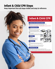 Healthcare professional beside Infant and Child CPR first aid poster showing emergency resuscitation steps for babies and children.