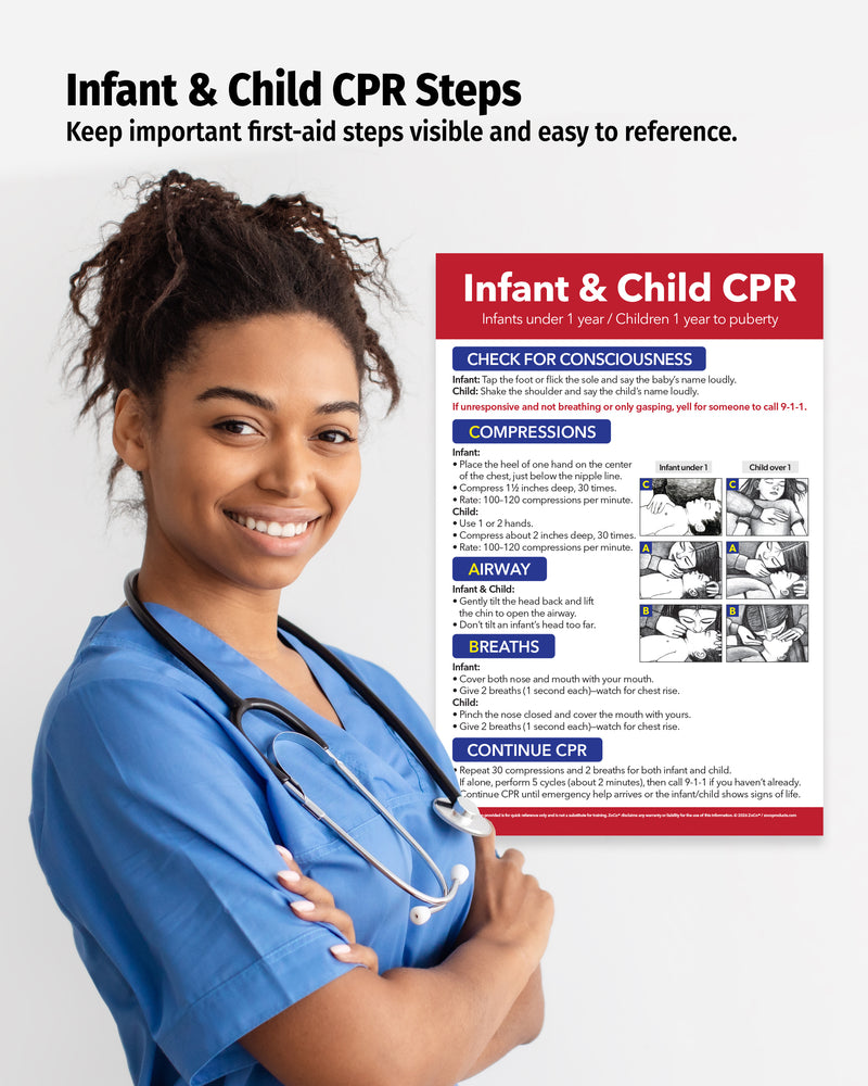 Healthcare professional beside Infant and Child CPR first aid poster showing emergency resuscitation steps for babies and children.