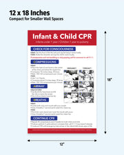 Infant and Child CPR laminated emergency reference poster showing 12x18 inch dimensions for daycare centers, schools and first aid stations.