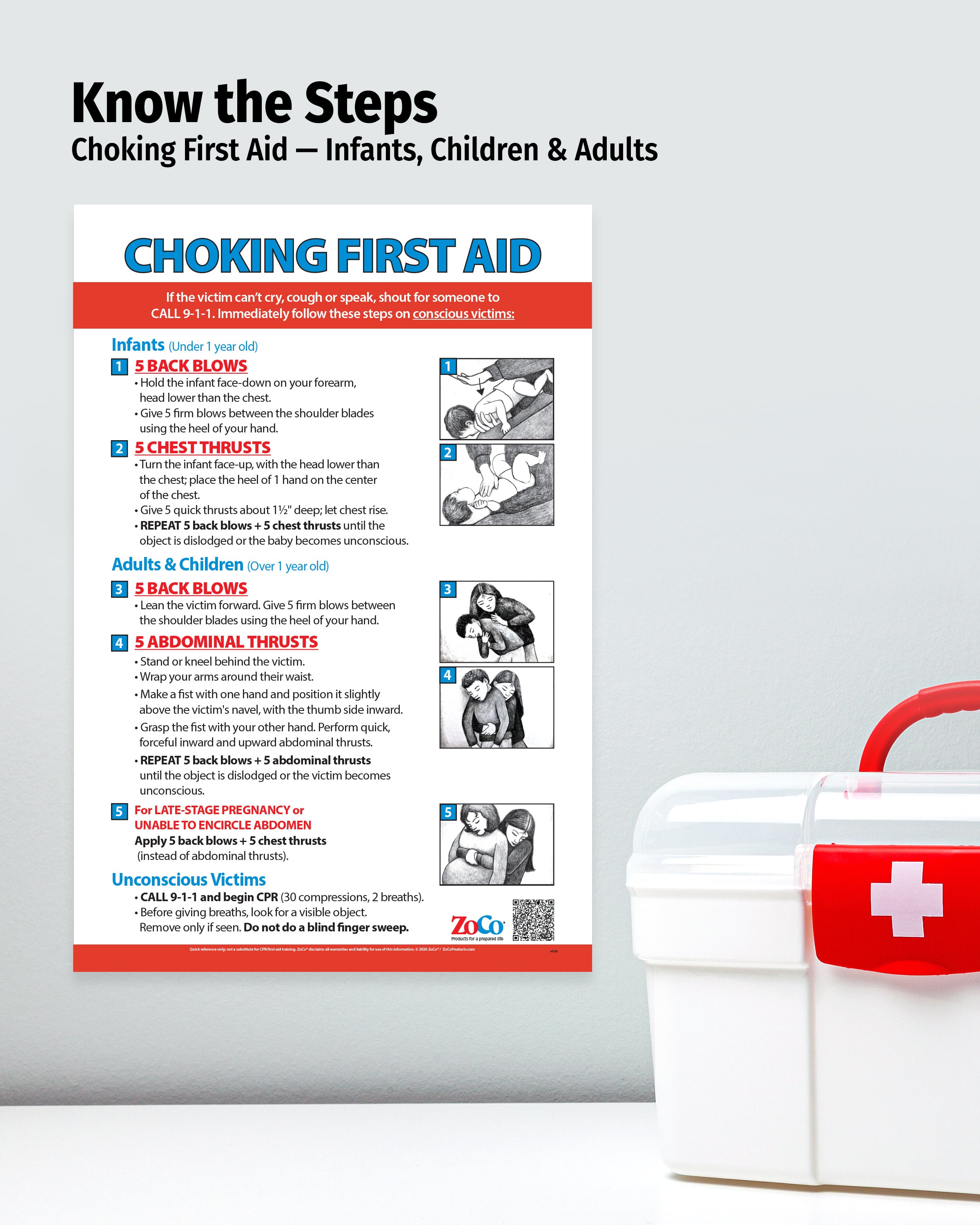 Choking first aid poster with illustrations and text, next to a first aid kit 