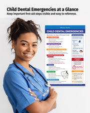 School nurse standing beside Child Dental Emergencies first aid poster showing emergency dental care instructions for children.