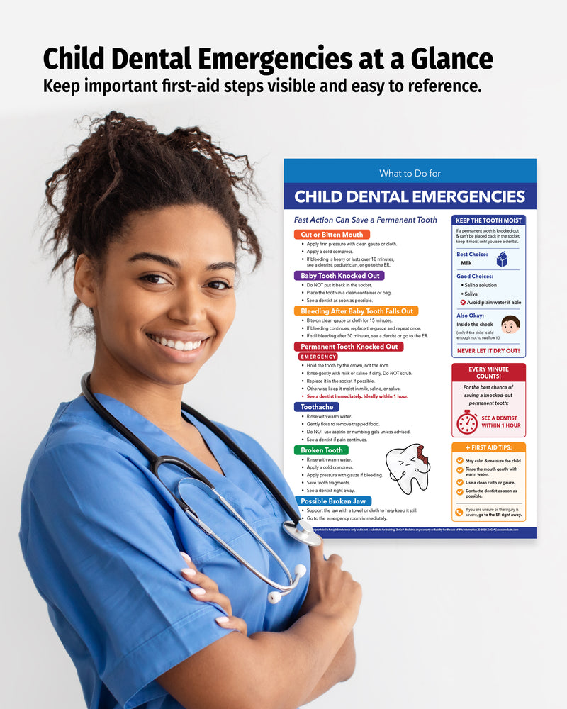 School nurse standing beside Child Dental Emergencies first aid poster showing emergency dental care instructions for children.