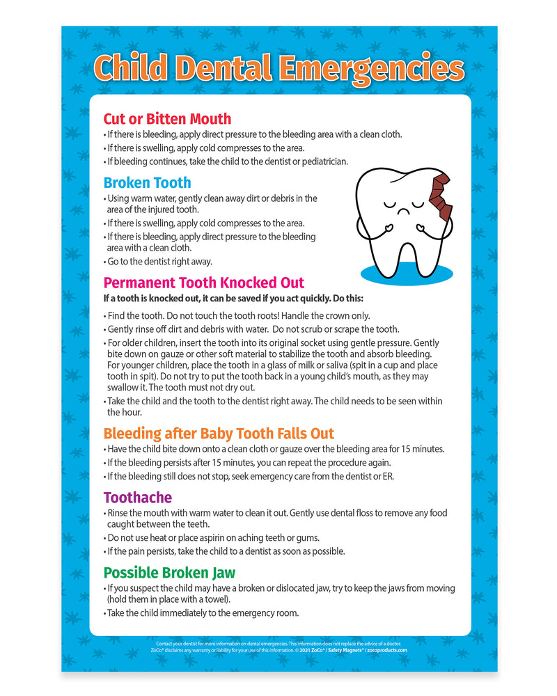 An informational poster titled 'Child Dental Emergencies' 