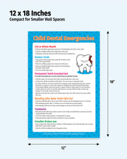 A compact wall-mounted first aid poster for child dental emergencies, shown with dimension lines indicating 12 by 18 inches. The poster has a bright blue border and a white background with orange and black text, plus a small tooth illustration.