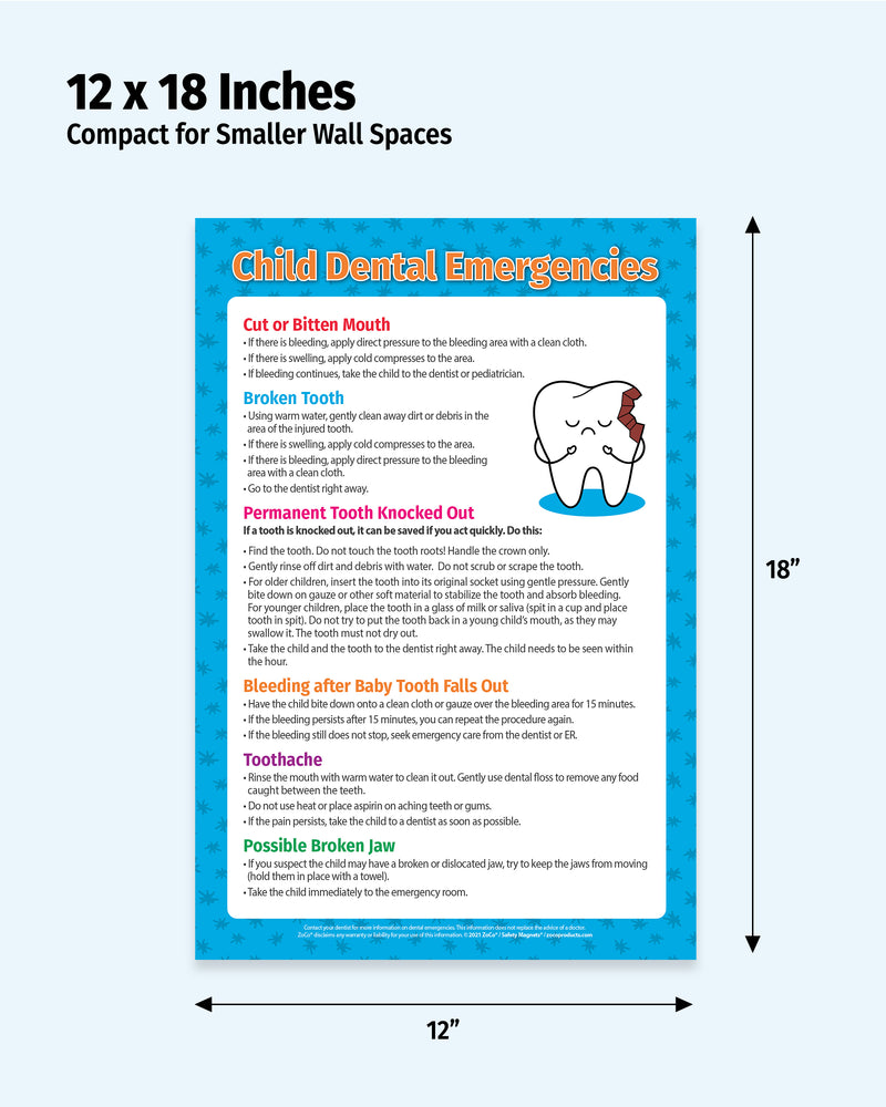 A compact wall-mounted first aid poster for child dental emergencies, shown with dimension lines indicating 12 by 18 inches. The poster has a bright blue border and a white background with orange and black text, plus a small tooth illustration.