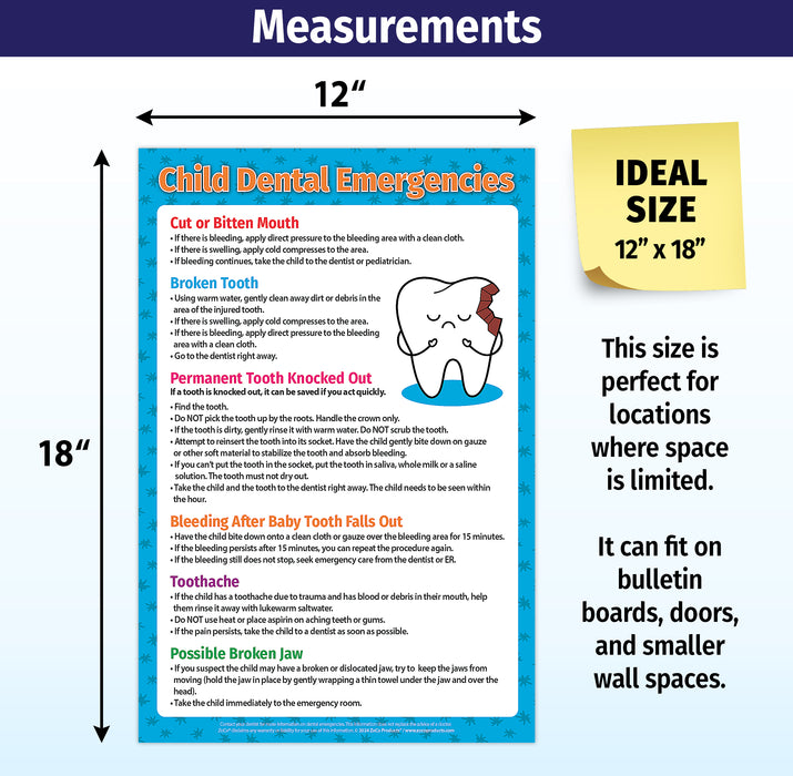 Kids Dental Emergencies Poster - 12"x18" - Laminated