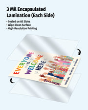 Close-up of Everyone Is Welcome Here poster featuring durable 3 mil double-sided lamination with sealed edges for long-lasting classroom display.
