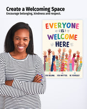 Everyone Is Welcome Here inclusive classroom poster displayed with school supplies, encouraging kindness, diversity, respect and acceptance among students.