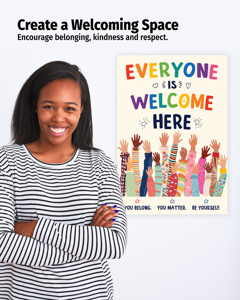 Everyone Is Welcome Here inclusive classroom poster displayed with school supplies, encouraging kindness, diversity, respect and acceptance among students.