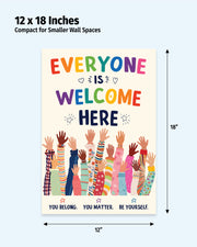Everyone Is Welcome Here laminated classroom poster showing 12x18 inch dimensions, ideal for elementary schools, classrooms and counselor offices.