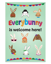 Poster with cartoon bunnies and text 'Everybunny is welcome here!' on a light green background.
