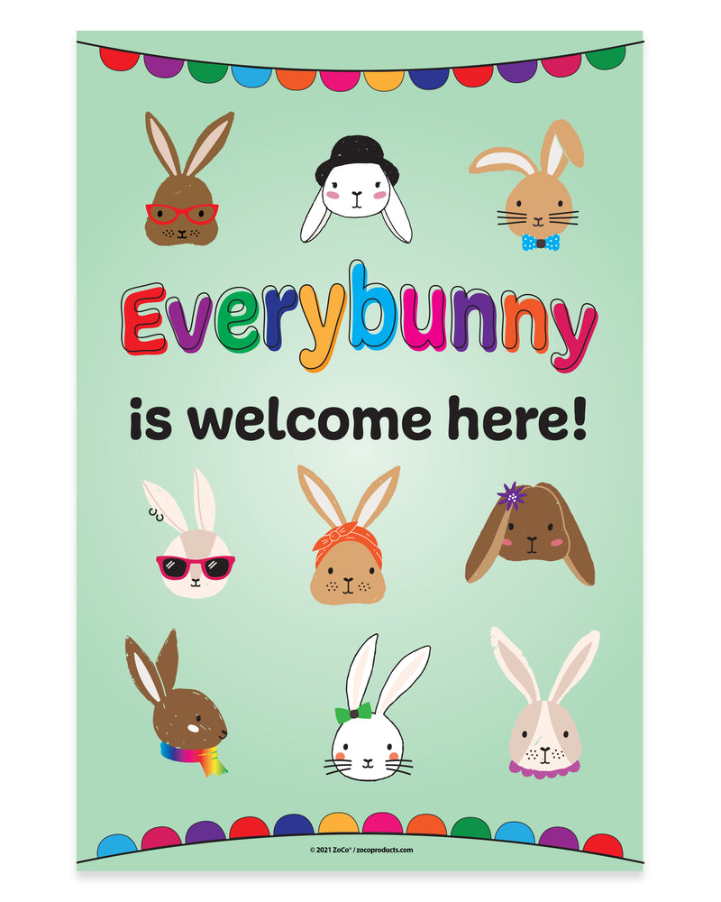 Poster with cartoon bunnies and text 'Everybunny is welcome here!' on a light green background.