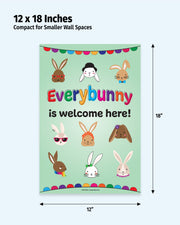 Poster with cartoon bunnies and text 'Everybunny is welcome here!' with dimensions 12 x 18 inches.