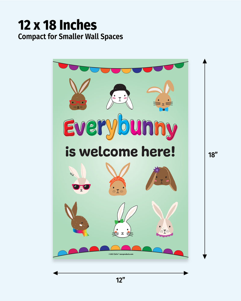 Poster with cartoon bunnies and text 'Everybunny is welcome here!' with dimensions 12 x 18 inches.
