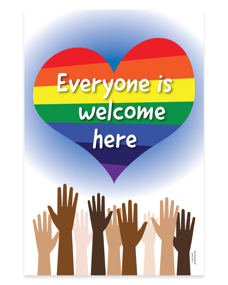 Rainbow heart with 'Everyone is welcome here' text and diverse hands below on a blue background