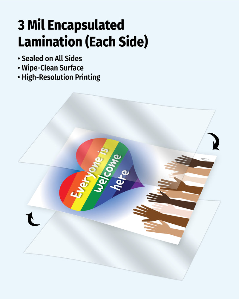 Laminated paper with a rainbow heart and hands design, featuring text 'Everyone is welcome here'.