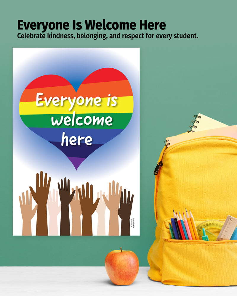 Poster with rainbow heart and raised hands, yellow backpack with supplies, and apple on a green background.
