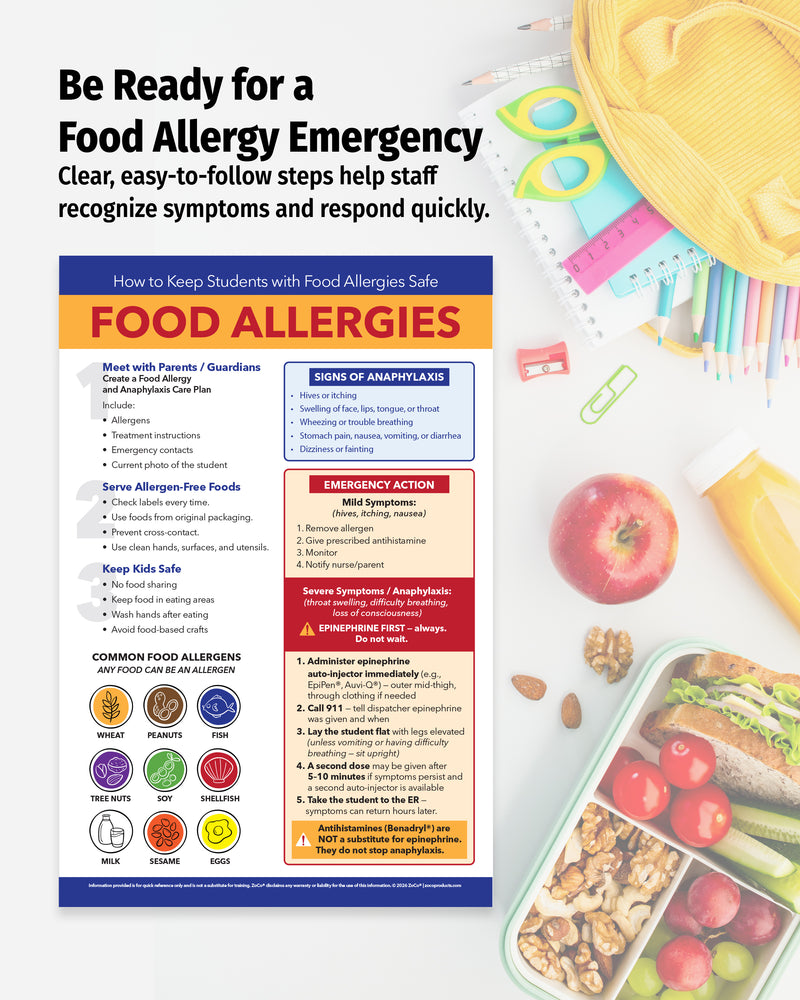 Food allergy emergency preparedness poster displayed with school supplies and lunchbox