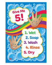 This laminated 12 × 18 hand washing poster uses a bright, cheerful design to teach kids the 5 basic steps: wet, soap, wash, rinse, and dry. 