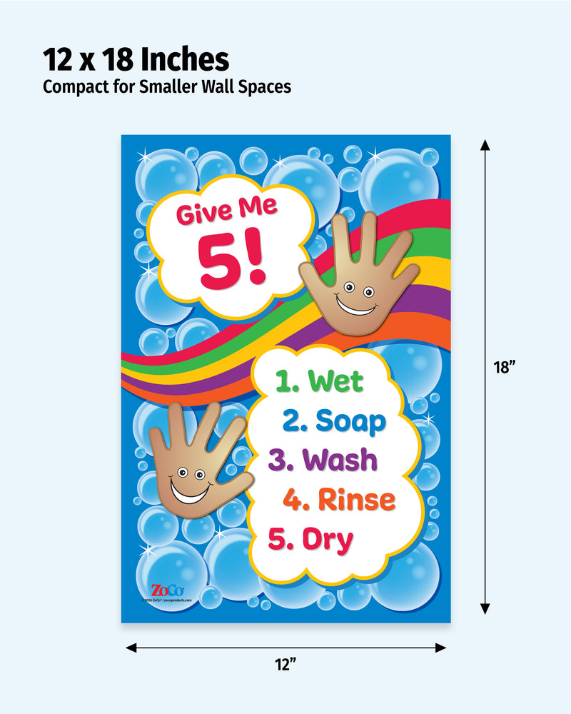 Children's handwashing poster with cartoon hands and text on a blue background, dimensions 12 x 18 inches.