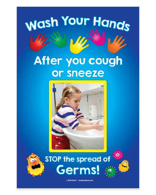 Poster with colorful hands and a child washing hands, emphasizing handwashing to stop the spread of germs.