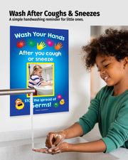 Child washing hands with a educational poster about handwashing in the background