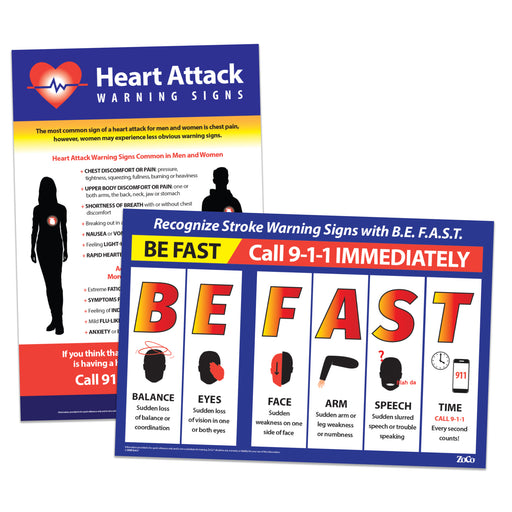 2 Pack: BE FAST Stroke Signs Poster and Heart Attack Warning Signs Poster - 12"x18" - Laminated