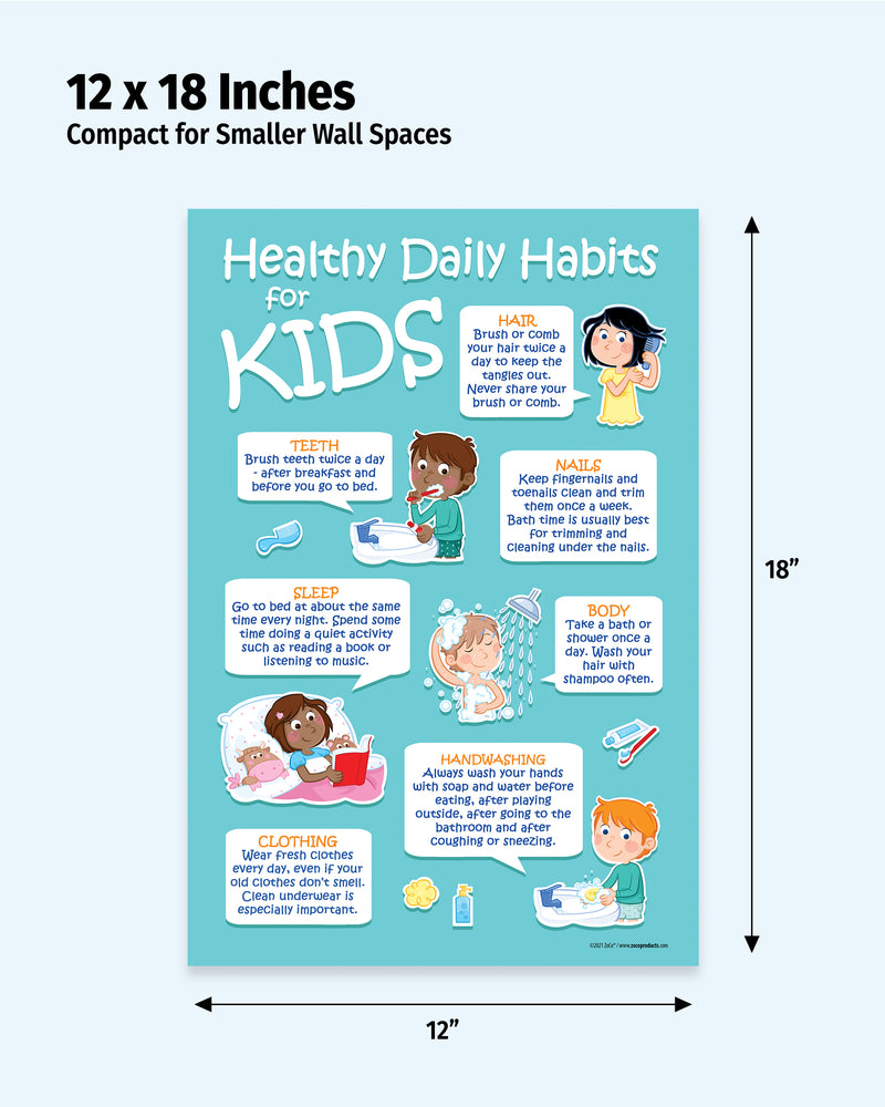 Poster titled 'Healthy Daily Habits for Kids' with illustrations and text, displayed with dimensions on a white background.