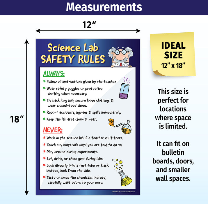 Science Lab Safety Rules Poster - 12"x18" - Laminated