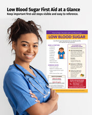 Low blood sugar first aid poster displayed in school nurse office for quick reference during diabetic emergencies