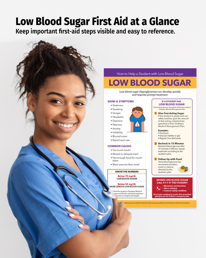 Low blood sugar first aid poster displayed in school nurse office for quick reference during diabetic emergencies