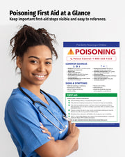 School nurse standing beside Poisoning in Kids first aid poster with emergency instructions for children