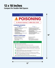 12x18 inch laminated child poisoning first aid poster showing dimensions and emergency safety information