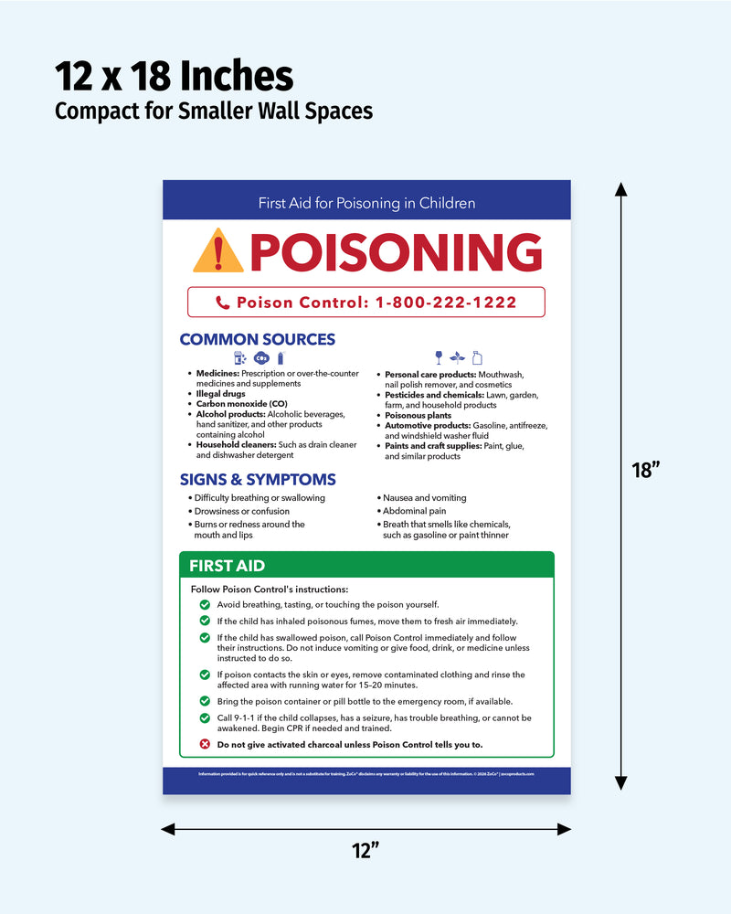 12x18 inch laminated child poisoning first aid poster showing dimensions and emergency safety information