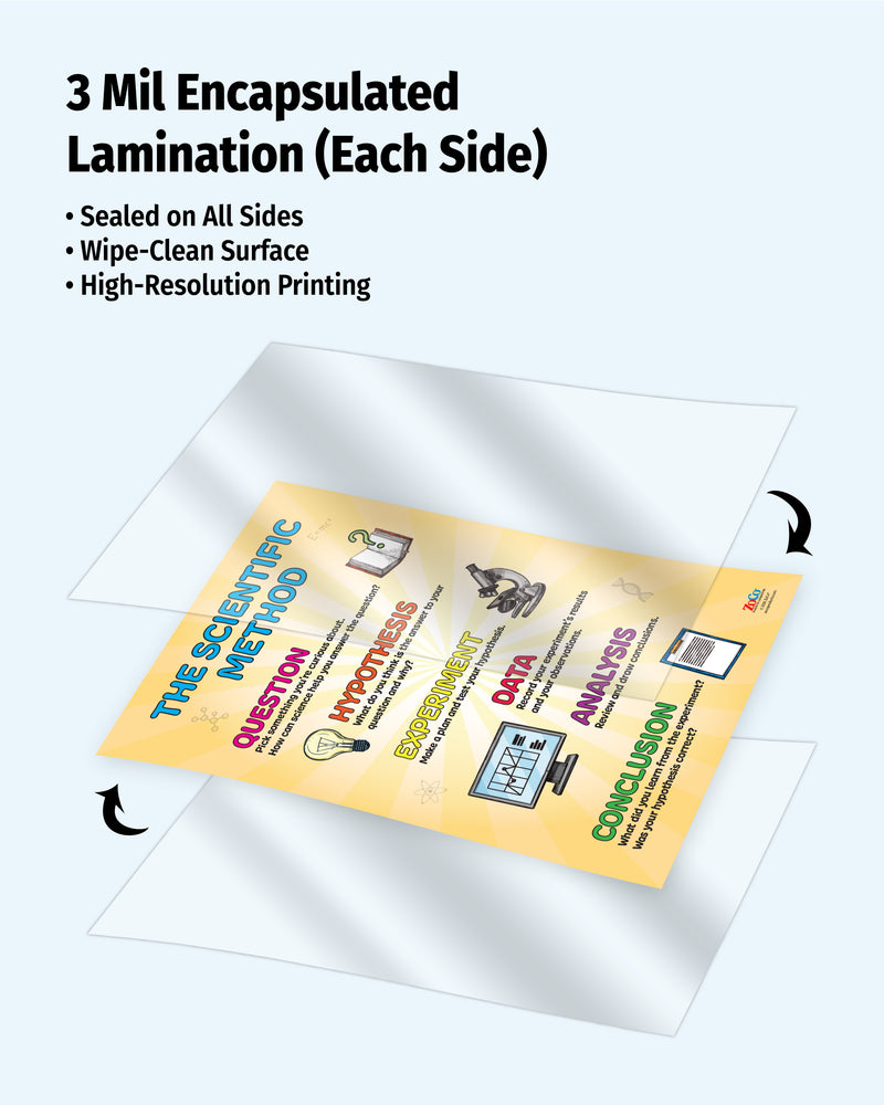 Laminated sheet with educational design on a white background