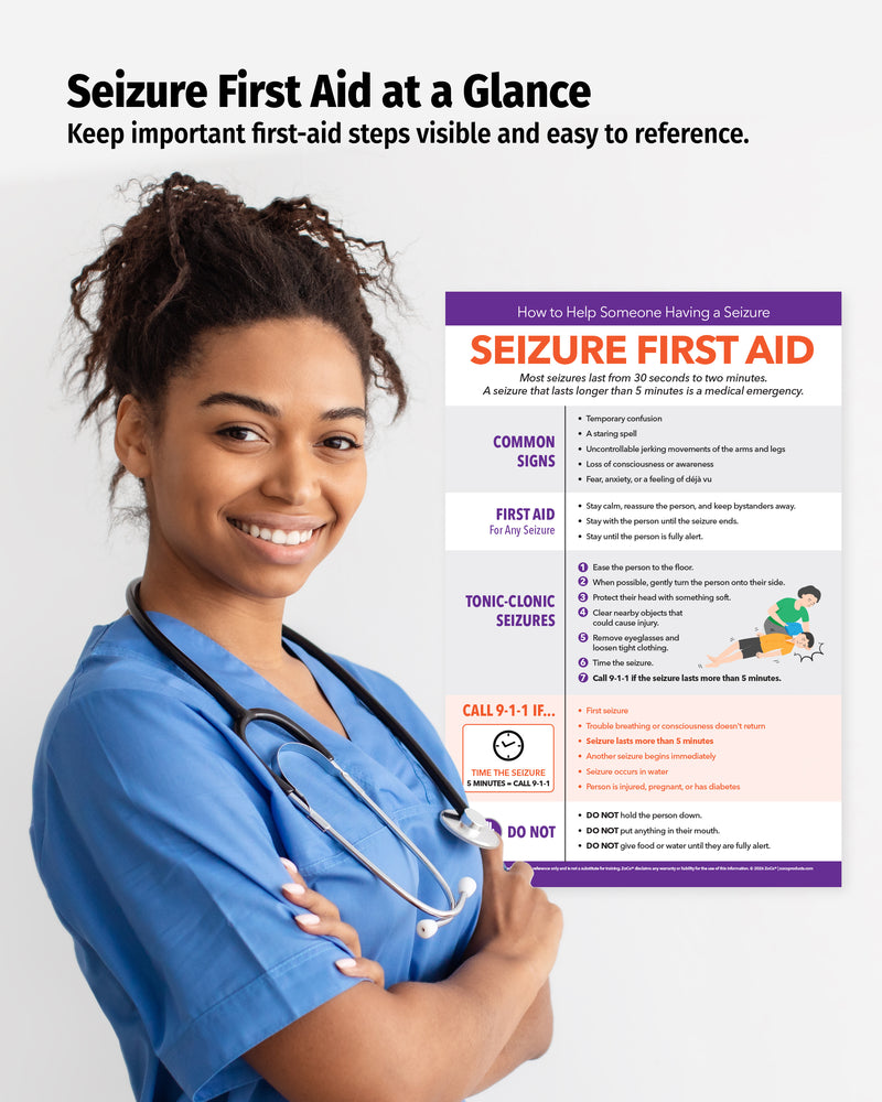 Seizure safety poster showing first aid steps and when to call 911
