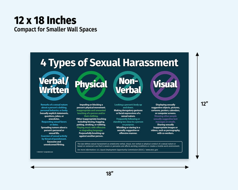 Poster detailing the four types of sexual harassment with dimensions labeled.