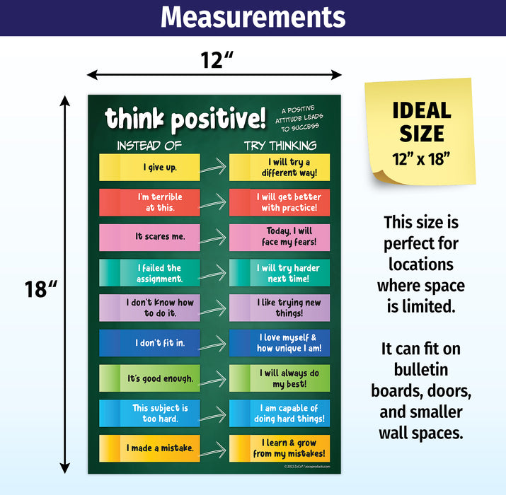 Think Positive! - Growth Mindset Poster - 12"x18" - Laminated