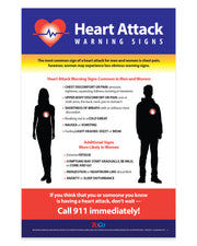 Heart attack warning signs infographic with silhouettes of a man and a woman, and contact information.