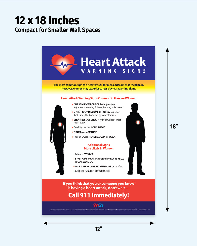 Heart attack warning sign poster with dimensions and call to action text on a light blue background