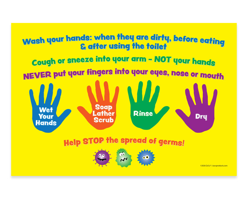Educational poster about hand hygiene with colorful hand illustrations and text on a yellow background.